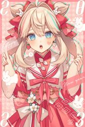 Rule 34 | 1girl, ahoge, animal ears, blue eyes, blue hair, bow, chinese zodiac, commentary request, facial mark, hair between eyes, hair bow, hair intakes, hair ornament, hand on own ear, hands up, heart, highres, japanese clothes, karokuchitose, kimono, layered sleeves, light brown hair, long sleeves, looking at viewer, multicolored hair, nengajou, new year, obi, open mouth, original, pleated skirt, rabbit ears, rabbit hair ornament, red bow, red kimono, red skirt, sailor collar, sash, shirt, short over long sleeves, short sleeves, skirt, solo, streaked hair, two side up, white sailor collar, white shirt, year of the rabbit
