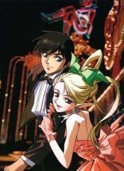 Rule 34 | 1990s (style), 1boy, 1girl, bow, bowtie, contemporary, deedlit, dress, elf, formal, hair up, highres, non-web source, parn (lodoss), pointy ears, record of lodoss war, retro artstyle, suit, traditional bowtie