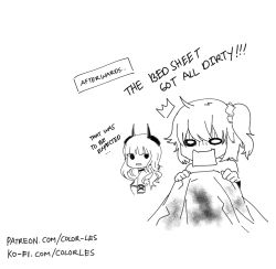 Rule 34 | 2girls, bed sheet, blood, blood stain, carmilla (fate), chibi, color-les, english text, fate/grand order, fate (series), fujimaru ritsuka (female), greyscale, holding, monochrome, multiple girls, open mouth, patreon username, scrunchie, side ponytail, solid circle eyes, surprised, watermark, web address, white background, wide oval eyes