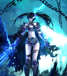 Rule 34 | 10s, 1girl, alternate costume, armor, bad id, bad pixiv id, bare shoulders, belt, black hair, black rock shooter, black rock shooter (character), blue eyes, blue theme, boots, cape, chain, electricity, frostmourne, glowing, glowing eyes, knee boots, long hair, midriff, navel, scar, shorts, solo, sword, thigh strap, torn cape, torn clothes, twintails, warcraft, weapon, zhuxiao517