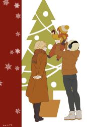 Rule 34 | 1boy, 2girls, arms behind back, artist name, beanie, black footwear, blonde hair, boots, brown scarf, christmas, christmas ornaments, christmas tree, closed mouth, coat dress, commentary request, dress, earmuffs, enri emmot, full body, jacket, knee boots, lifting person, masiro, multiple girls, nemu emmot, nfirea bareare, orange dress, orange hair, orange jacket, orange overalls, overalls, overlord (maruyama), own hands together, pom pom (clothes), pom pom beanie, red background, scarf, short hair, short twintails, simple background, smile, snowflake print, twintails, two-tone background, white background, white footwear