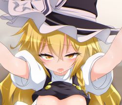 Rule 34 | 1girl, blonde hair, bow, braid, breasts, clothes lift, hachi (chihagura), hat, hat bow, implied sex, kirisame marisa, looking at viewer, open mouth, out-of-frame censoring, pov, saliva, shirt lift, short sleeves, side braid, single braid, solo, sweat, touhou, white bow, witch hat, yellow eyes