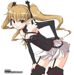 Rule 34 | 1girl, bent over, blonde hair, blush, boots, cross, cross necklace, garter straps, hand on own hip, jewelry, latin cross, lingerie, long hair, looking at viewer, miniskirt, necklace, oekaki, onija tarou, pachira, pleated skirt, pointy ears, red eyes, renkin san-kyuu magical pokaan, simple background, skirt, solo, thigh boots, thighhighs, twintails, underwear, white background