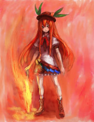 Rule 34 | 1girl, alternate color, binayu, female focus, food, fruit, full body, hat, hinanawi tenshi, long hair, peach, player 2, red eyes, red hair, solo, standing, sword, sword of hisou, touhou, weapon