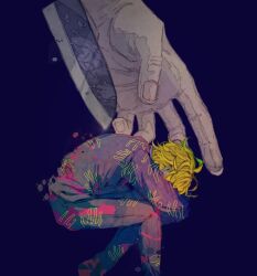 Rule 34 | 1boy, 1girl, black jacket, black pants, blonde hair, blue background, bug, butterfly, disembodied hand, from side, handprint, highres, holding hands, hunched over, hypnosis mic, insect, izanami hifumi, jacket, kitchen knife, knife, pants, reaching, reflection, reflective weapon, segawa awoji, short hair, simple background, sitting