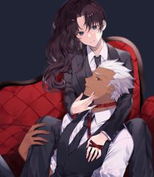 Rule 34 | 1boy, 1girl, alternate costume, archer (fate), black hair, black jacket, black neckwear, black pants, black vest, blue eyes, collar, collared shirt, commentary request, couch, crossdressing, dark-skinned male, dark skin, fate/stay night, fate (series), formal, highres, holding, jacket, leash, long hair, long sleeves, looking at viewer, necktie, on couch, pants, parted bangs, ponytail, red collar, shimatori (sanyyyy), shirt, sitting, suit, tohsaka rin, vest, white hair, white shirt
