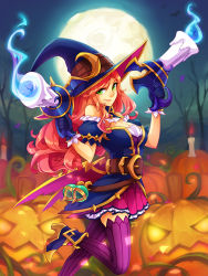 Rule 34 | 1girl, artist name, bare tree, bewitching miss fortune, blue gloves, breasts, candle, cleavage, detached sleeves, fire, foot up, gloves, gun, hat, holding, holding weapon, large breasts, league of legends, long hair, miss fortune (league of legends), moon, night, official alternate costume, outdoors, pink thighhighs, puffy short sleeves, puffy sleeves, pumpkin, short sleeves, smile, solo, striped clothes, striped thighhighs, thighhighs, tree, vmat, weapon, witch hat
