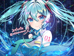 Rule 34 | 1girl, blue eyes, blue hair, collared shirt, commentary request, hatsune miku, headphones, long hair, looking at viewer, miku day, mizunozumi, necktie, shirt, sky, sleeveless, sleeveless shirt, smile, solo, star (sky), star (symbol), starry sky, twintails, upper body, vocaloid