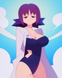 Rule 34 | 1girl, artist name, blue one-piece swimsuit, blue sky, breasts, closed mouth, collarbone, creatures (company), flipherrrr, game freak, highres, jewelry, lab coat, looking at viewer, necklace, nintendo, one-piece swimsuit, philena ivy, pokemon, pokemon (anime), pokemon (classic anime), purple eyes, purple hair, short hair, sky, smile, solo, strapless, swimsuit, wide hips