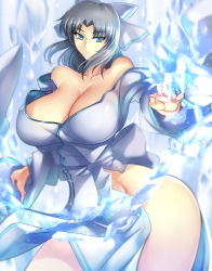 Rule 34 | 1girl, absurdres, bare shoulders, blue eyes, bow, breasts, cleavage, grey hair, haganef, hair bow, highres, huge breasts, ice, japanese clothes, kimono, looking at viewer, medium hair, no panties, off shoulder, parted bangs, parted lips, ribbon-trimmed kimono, senran kagura, senran kagura shinovi versus, solo, striped, striped bow, white kimono, wide hips, wide sleeves, yumi (senran kagura)