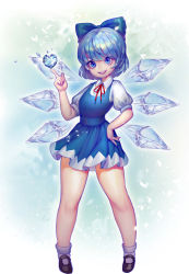Rule 34 | 1girl, absurdres, bare legs, black footwear, blue bow, blue dress, blue eyes, blue hair, bow, cirno, dress, full body, hand on own hip, hand up, highres, ice, ice wings, index finger raised, looking at viewer, mary janes, neck ribbon, puffy short sleeves, puffy sleeves, ribbon, shoes, short dress, short hair, short sleeves, smile, socks, solo, standing, touhou, white socks, wings