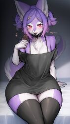 Rule 34 | 1girl, absurdres, animal ear fluff, animal ears, animal nose, black choker, black shirt, black thighhighs, blush, breasts, candy, chocolate, chocolate bar, choker, collarbone, commentary request, eating, fangs, food, furry, furry female, highres, holding, holding chocolate, holding food, looking at viewer, mouth hold, original, purple fur, red eyes, shirt, sitting, sleeveless, sleeveless shirt, small breasts, snout, solo, suurin (ksyaro), tail, thighhighs, thighs, twitter username, two-tone fur, white fur