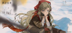 Rule 34 | 1girl, blonde hair, braid, brown coat, button up skirt, coat, gloves, head scarf, highres, long hair, looking at viewer, official art, official wallpaper, print scarf, red scarf, reverse:1999, scarf, shirt, smile, snow, vila (reverse:1999), white shirt