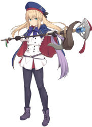 Rule 34 | 1girl, ahoge, artoria caster (fate), artoria caster (second ascension) (fate), artoria pendragon (fate), black footwear, black pantyhose, blonde hair, breasts, fate/grand order, fate (series), full body, gloves, green eyes, hat, holding, holding staff, long hair, long sleeves, looking at viewer, pantyhose, ribbon, shiseki hirame, shoes, simple background, smile, solo, split mouth, staff, twintails, white background
