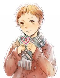 Rule 34 | 1boy, androgynous, billies (christina oh), brown eyes, brown hair, coat, genshiken, hato kenjirou, heart, looking at viewer, male focus, scarf, short hair, simple background, solo, spoilers