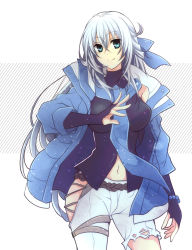 Rule 34 | 1girl, asymmetrical pants, black shirt, blue eyes, blue jacket, breasts, bridal gauntlets, closed mouth, commentary request, copyright request, cowboy shot, diagonal stripes, grey hair, hair between eyes, highres, jacket, long hair, long sleeves, looking at viewer, medium breasts, navel, open clothes, open jacket, pants, satsuki (chaosmode), shirt, smile, solo, striped, striped background, very long hair, white background, white pants