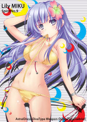 Rule 34 | 10s, 1girl, bikini, blush, breasts, cleavage, date a live, flower, grey eyes, hair flower, hair ornament, highres, izayoi miku, large breasts, long hair, mouth hold, navel, purple hair, sogegin, solo, standing, swimsuit