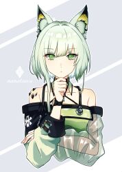 Rule 34 | 1girl, animal ear fluff, animal ears, arknights, artist name, bare shoulders, breasts, closed mouth, collarbone, commentary request, cropped torso, dress, green dress, green eyes, grey hair, hair between eyes, hand up, highres, kal&#039;tsit (arknights), long hair, looking at viewer, material growth, medium breasts, nanatsuka, oripathy lesion (arknights), see-through, see-through sleeves, signature, solo, upper body