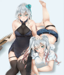 Rule 34 | 2girls, alternate costume, ammunition, ammunition belt, aqua eyes, ass, bababababan, bare shoulders, barefoot, blue dress, blush, braid, breasts, bullet, butt crack, cleavage, closed mouth, collared shirt, crossed bangs, crown braid, dress, general-purpose machine gun, general dynamics, girls&#039; frontline, green ribbon, gun, hair between eyes, hair ribbon, halterneck, hand on another&#039;s hand, highres, lightweight medium machine gun, lonestar future weapons, long hair, looking at viewer, lwmmg (girls&#039; frontline), lwmmg (golden starthistle) (girls&#039; frontline), lying, machine gun, microphone, midriff, multicolored hair, multiple girls, official alternate costume, on stomach, prototype design, ribbon, rifle, see-through, shirt, short sleeves, side slit, silver hair, sitting, smile, streaked hair, thigh strap, thighhighs, thighs, true velocity, twintails, weapon, white shirt