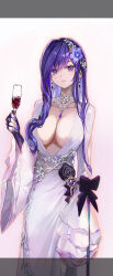 Rule 34 | 1girl, absurdres, alternate costume, alternate hairstyle, breasts, cleavage, collar, cup, dana (hapong07), dress, drinking glass, earrings, flower, genshin impact, hair flower, hair ornament, hair over shoulder, highres, holding, jewelry, large breasts, long dress, long hair, long sleeves, looking at viewer, mole, mole under eye, nail polish, no bra, parted lips, plunging neckline, purple eyes, purple hair, purple nails, raiden shogun, sidelocks, solo, vision (genshin impact), white dress, wide sleeves, wine glass