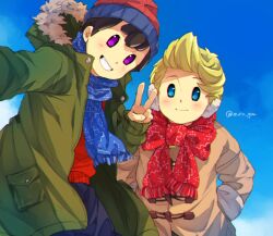 Rule 34 | 2boys, artist name, beanie, black hair, blonde hair, blue eyes, blue scarf, blue sky, blush, brown coat, closed mouth, coat, commentary request, day, duffel coat, earmuffs, fur-trimmed hood, fur trim, green coat, grin, hand up, hands in pockets, hat, hood, hood down, hooded coat, long sleeves, lucas (mother 3), male focus, mimxxpk, mother (game), mother 2, mother 3, multiple boys, ness (mother 2), nintendo, open clothes, open coat, outdoors, pocket, purple eyes, quiff, red headwear, red scarf, red sweater, scarf, selfie, short hair, sky, sleeves past wrists, smile, standing, sweater, teeth, twitter username, v