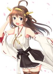 Rule 34 | 10s, 1girl, :d, adjusting hair, ahoge, bare shoulders, black skirt, blush, boots, breasts, brown hair, detached sleeves, double bun, grey eyes, hair bun, hairband, headgear, japanese clothes, kantai collection, kongou (kancolle), kongou kai ni (kancolle), large breasts, long hair, looking at viewer, nontraditional miko, open mouth, petals, ribbon-trimmed sleeves, ribbon trim, sarashi, shigure ryuunosuke, skirt, smile, solo, thigh boots, thighhighs, wide sleeves, wind, zettai ryouiki