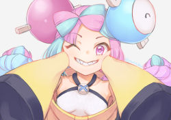 Rule 34 | 1girl, ;), blue hair, bow-shaped hair, breasts, commentary request, creatures (company), game freak, grin, hair ornament, hands on own cheeks, hands on own face, iono (pokemon), jingai modoki, long hair, long sleeves, looking at viewer, multicolored hair, nintendo, one eye closed, pink eyes, pink hair, pokemon, pokemon sv, sharp teeth, simple background, sleeves past fingers, sleeves past wrists, small breasts, smile, solo, teeth, twitter username, two-tone hair, very long sleeves, white background, wide sleeves