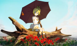 Rule 34 | 1girl, bare shoulders, black choker, black hairband, blonde hair, blue eyes, blue sky, boots, brown footwear, brown gloves, choker, closed mouth, day, dress, edna (tales), flower, gloves, green ribbon, hair between eyes, hair ribbon, hairband, highres, holding, holding umbrella, log, normin (tales), outdoors, over shoulder, red flower, ribbon, short dress, short hair, side ponytail, single glove, sitting, sky, solo, tales of (series), tales of zestiria, umbrella, white dress, white flower, yarr