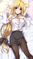 Rule 34 | 1girl, :o, bed sheet, black bow, black pantyhose, black shirt, black skirt, blonde hair, blush, bow, commentary request, dress shirt, fate testarossa, from above, hair bow, hand on own chest, highres, kuroi mimei, long hair, long sleeves, looking at viewer, low-tied long hair, lying, lyrical nanoha, mahou shoujo lyrical nanoha strikers, military, military uniform, miniskirt, neck ribbon, on back, on bed, pantyhose, parted lips, pencil skirt, pillow, red eyes, ribbon, shirt, side slit, skirt, solo, tsab executive military uniform, uniform, white shirt, wing collar, yellow ribbon