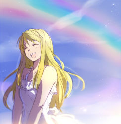 Rule 34 | 1girl, ^ ^, arms at sides, bare arms, bare shoulders, blonde hair, closed eyes, day, dress, closed eyes, floating hair, fullmetal alchemist, happy, long hair, open mouth, outdoors, rainbow, riru, sky, sleeveless, sleeveless dress, smile, solo, upper body, white dress, winry rockbell