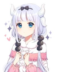 Rule 34 | 10s, 1girl, beads, black bow, black hairband, blue eyes, blunt bangs, blush, bow, capelet, dragon girl, dragon horns, dress, hair beads, hair bow, hair ornament, hairband, horns, kanna kamui, kobayashi-san chi no maidragon, long hair, long sleeves, looking at viewer, moffle (2019), silver hair, simple background, solo, twintails, upper body, white background