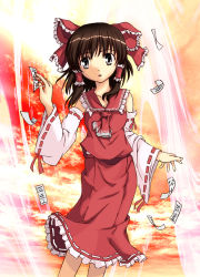 Rule 34 | 1girl, :o, ascot, bare shoulders, blue eyes, breasts, brown hair, capelet, cleavage, cloud, detached sleeves, energy, female focus, frilled skirt, frills, hair tubes, hakurei reimu, hip focus, open mouth, sidelocks, skirt, skirt set, sky, small breasts, solo, sunset, touhou, vest, wide sleeves