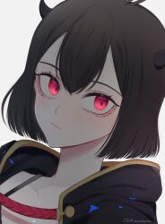 Rule 34 | 1girl, black capelet, black clover, black hair, black horns, bob cut, capelet, closed mouth, highres, horns, looking at viewer, portrait, red eyes, rizaavana, secre swallowtail, short hair, solo, twitter username, white background