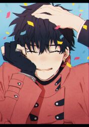 Rule 34 | 2boys, absurdres, black gloves, black hair, blue background, closed eyes, confetti, crying, earrings, fingerless gloves, gloves, hand up, highres, jacket, jewelry, long sleeves, male focus, mole, mole under eye, multiple boys, nicholas d. wolfwood, open mouth, out of frame, red jacket, short hair, single earring, smile, tears, trigun, vash the stampede, yuma (zero)