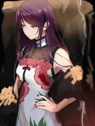 Rule 34 | 1girl, alternate costume, black coat, breasts, china dress, chinese clothes, closed mouth, coat, commentary, dress, earrings, expressionless, eyelashes, floral print, flower, gundou mirei, gundou mirei (4th costume), hand on own hip, highres, isshiki (ffmania7), jewelry, lips, long hair, looking to the side, medium breasts, nail polish, nijisanji, off shoulder, parted bangs, purple hair, red eyes, red nails, sleeveless, sleeveless dress, solo focus, straight hair, upper body, virtual youtuber, white dress
