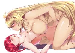 Rule 34 | 2girls, artist request, asymmetrical docking, blonde hair, blush, breast press, breasts, collarbone, couple, closed eyes, fingering, hand on another&#039;s back, highres, large breasts, long hair, looking at another, medium breasts, multiple girls, navel, nude, open mouth, pink eyes, pink hair, pussy juice, shikishima mirei, short twintails, sideboob, simple background, tokonome mamori, twintails, valkyrie drive, valkyrie drive -mermaid-, very long hair, yuri