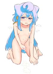 Rule 34 | 1boy, artist request, blue eyes, blue hair, blush, censored, cum, ejaculation, hacka doll, hacka doll 3, highres, long hair, looking at viewer, male focus, masturbation, nipples, nude, penis, solo, sweat, trap, white background
