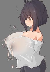 Rule 34 | 1girl, ^^^, ahoge, arms behind back, black hair, blush, breasts, cleavage, collarbone, covered erect nipples, highres, huge breasts, japanese text, lactation, lactation through clothes, motion lines, open mouth, original, shirt, short hair, sidelocks, simple background, solo, spy (user jxcc8553), surprised, yellow eyes