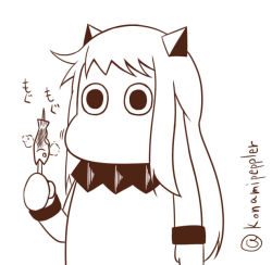 Rule 34 | (o) (o), abyssal ship, chewing, cosplay, eating, fish, fish (food), horns, kantai collection, mittens, monochrome, moomin, muppo, no humans, northern ocean hime (cosplay), northern ocean princess, sazanami konami, simple background, twitter username
