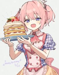 1girl :d ascot boyano breasts cake collared_shirt commentary cowboy_shot cross-shaped_pupils food fruit grey_background hair_between_eyes hands_up happy_birthday holding holding_plate looking_at_viewer mix_cakes open_mouth pancake pancake_stack pink_hair plaid_clothes plaid_shirt plate puffy_short_sleeves puffy_sleeves purple_eyes red_ascot shirt short_sleeves small_breasts smile solo strawberry symbol-only_commentary symbol-shaped_pupils twintails uchi_no_hime-sama_ga_ichiban_kawaii