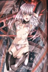 Rule 34 | 1girl, armpits, black pantyhose, bra, exploding clothes, full body, hair between eyes, highres, legs together, panties, pantyhose, purple panties, scar, solo, sparkle, thighs, torn bra, torn clothes, torn panties, torn pantyhose, torn sleeves, underwear, underwear only, urushihara satoshi, white hair