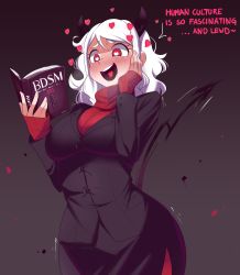 Rule 34 | :d, absurdres, bagelbomb, black jacket, black skirt, blush, book, breasts, bright pupils, cowboy shot, demon girl, demon horns, demon tail, drooling, english text, gradient background, grey background, hand on own cheek, hand on own face, heart, heart-shaped pupils, heart in mouth, helltaker, highres, holding, holding book, horns, jacket, large breasts, long hair, long sleeves, mixed-language commentary, modeus (helltaker), motion lines, nose blush, open book, open mouth, pantyhose, pencil skirt, reading, red eyes, red pantyhose, red sweater, saliva, skirt, sleeves past wrists, smile, solo, sweater, symbol-shaped pupils, tail, trembling, turtleneck, turtleneck sweater, white hair