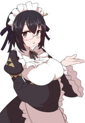 Rule 34 | 1girl, apron, black eyes, black hair, black ribbon, bow, bowtie, breast rest, breasts, glasses, hair ribbon, highres, houjou souun (sengoku collection), large breasts, long sleeves, looking at viewer, maid, maid apron, maid headdress, medium hair, neck ribbon, parted lips, ribbon, semi-rimless eyewear, sengoku collection, simple background, solo, striped bow, striped bowtie, striped clothes, striped neckwear, striped ribbon, sumiyao (amam), under-rim eyewear, white apron, white background, wide sleeves