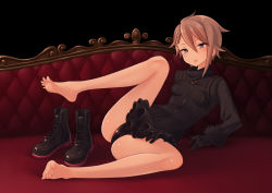 Rule 34 | 1girl, ange (princess principal), barefoot, black background, black panties, blonde hair, blue eyes, boots, braid, breasts, breasts apart, couch, cross-laced footwear, dorsiflexion, feet, full body, hair between eyes, highres, lace-up boots, leotard, looking at viewer, nishikasai munieru, panties, parted lips, plantar flexion, princess principal, shoes, simple background, soles, solo, spread legs, spread toes, toes, underwear, unworn boots, unworn shoes