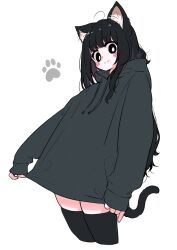 Rule 34 | 1girl, ahoge, animal ears, black eyes, black hair, black hoodie, black shorts, blush, bright pupils, cat ears, cat girl, cat tail, clothes pull, commentary request, eyelashes, happy, highres, hood, hoodie, leaning back, long hair, looking at viewer, medium bangs, megateru, messy hair, original, oversized clothes, paw print, shorts, simple background, skindentation, sleeves past wrists, smile, solo, tail, tareme, thighhighs, very long hair, white background, white pupils