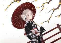 Rule 34 | 1girl, 2020, aug (girls&#039; frontline), black gloves, blonde hair, flower, girls&#039; frontline, gloves, hair flower, hair ornament, hair ribbon, hakugin006, happy new year, highres, japanese clothes, looking at viewer, medium hair, new year, oil-paper umbrella, petals, ribbon, simple background, solo, umbrella, yellow eyes