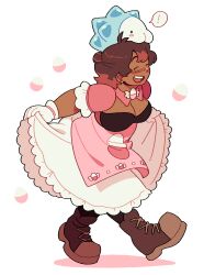 Rule 34 | !, 1girl, absurdres, apron, blush, boots, breasts, brown footwear, brown hair, cleavage, closed eyes, commentary, commission, creatures (company), dark-skinned female, dark skin, dress, egg, english commentary, frilled dress, frills, full body, game freak, gen 8 pokemon, gloves, highres, large breasts, long hair, magicact, mole, mole on breast, nintendo, on head, open mouth, original, pink apron, pink dress, pokemon, pokemon (creature), pokemon on head, short sleeves, simple background, skirt hold, smile, snom, spoken exclamation mark, standing, white background, white gloves