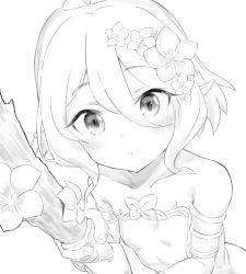Rule 34 | 1girl, blush, detached sleeves, flower, foreshortening, greyscale, hair between eyes, hair flower, hair ornament, healthyman, holding, holding staff, kokkoro (princess connect!), looking at viewer, medium hair, monochrome, parted lips, pointy ears, princess connect!, simple background, solo, staff, upper body, white background