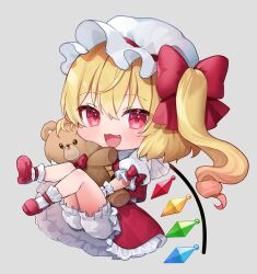 Rule 34 | 1girl, :3, :d, blonde hair, bloomers, blush, chibi, crystal, fang, flandre scarlet, full body, grey background, highres, holding, holding stuffed toy, legs up, looking at viewer, one side up, open mouth, puffy short sleeves, puffy sleeves, red eyes, red skirt, red vest, short hair, short sleeves, skirt, smile, solo, stuffed animal, stuffed toy, teddy bear, touhou, underwear, usushio, vest, wings, wrist cuffs