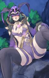 Rule 34 | 1girl, absurdres, black thighhighs, blush, breasts, cameltoe, cicin mage (genshin impact), cloak, commentary request, delusion (genshin impact), electro cicin mage (genshin impact), eye mask, fur cuffs, fur trim, genshin impact, gloves, glowing gem, green hair, highres, hood, hood up, hooded cloak, long sleeves, looking at viewer, mask, medium breasts, mixed-language commentary, nipples, open mouth, outdoors, rock, short hair, sitting, sitting on rock, spread legs, teeth, thighhighs, tongue, tongue out, torn clothes, upper teeth only, yincrescent